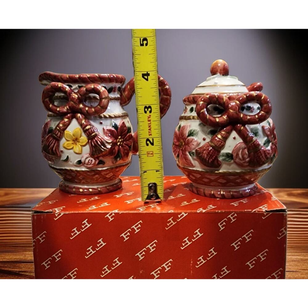 Fitz and Floyd Father Christmas Sugar Bowl with Lid and Spoon and Creamer Set